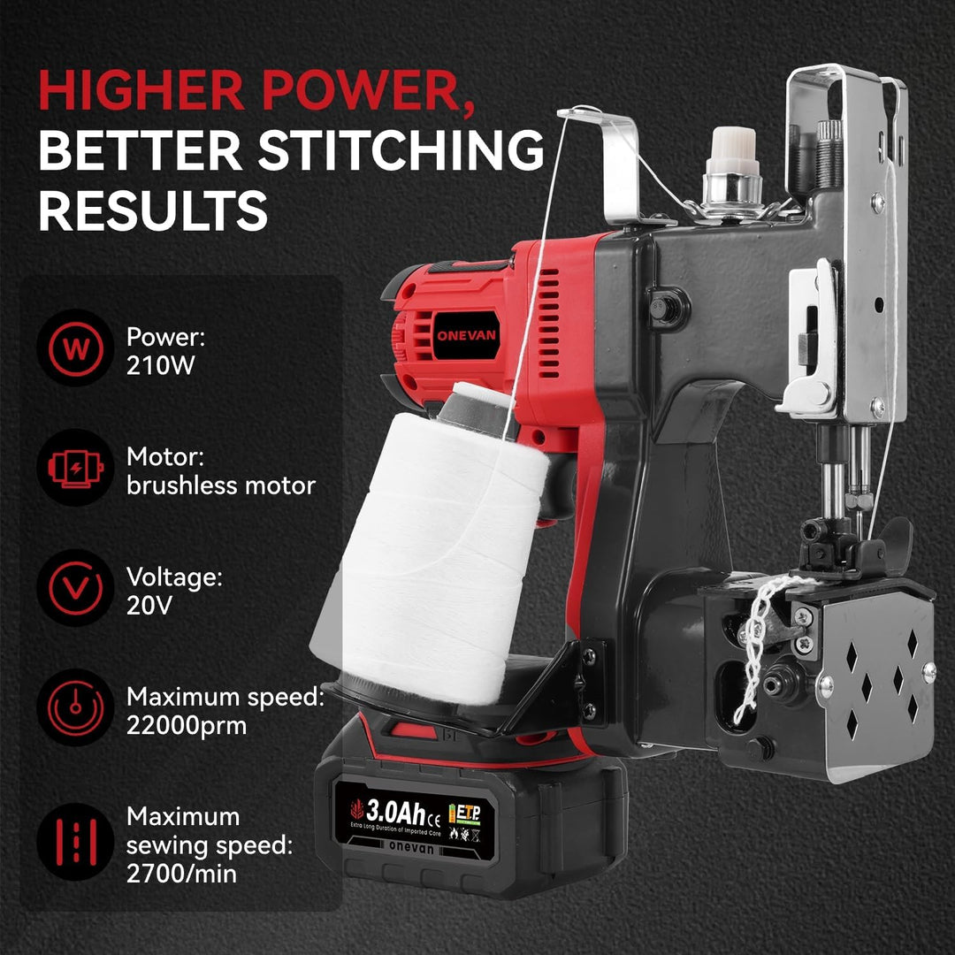ONEVAN Elektrische Sacknähmaschine-210W Kupfermotor, Akku-betrieben, für Gewebesack, Jutesack & Kraf