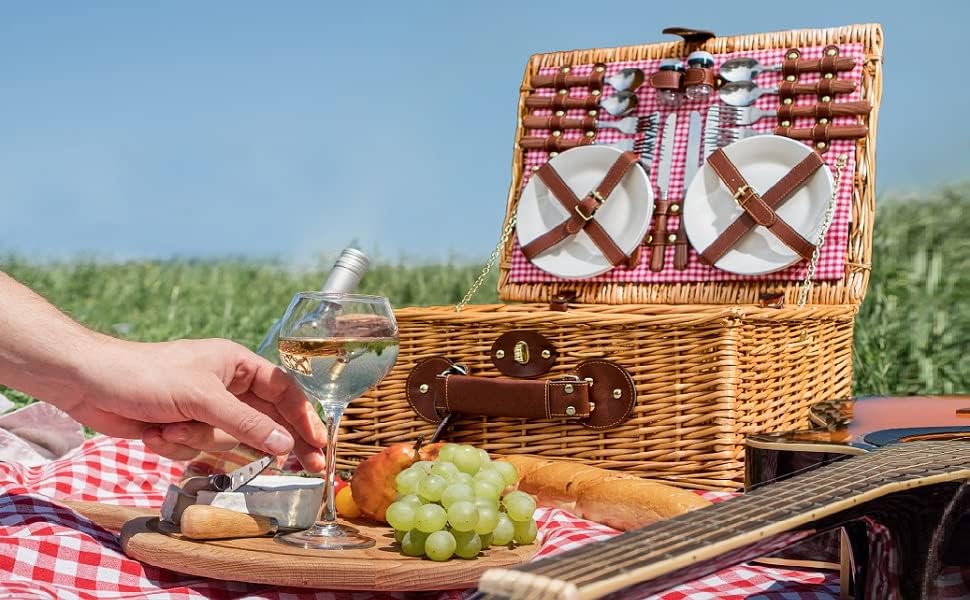 eGenuss Handgefertigter Picknickkorb für 4 Personen mit Kühlfach - Inklusive Edelstahlbesteck, Porze