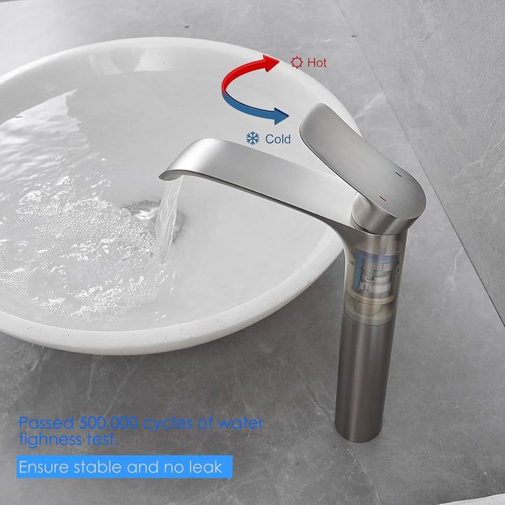 Bad Wasserhahn Wasserfall Badarmatur Hoch Waschtischarmatur Einhebel Mischbatterie, Silber (Gebürste