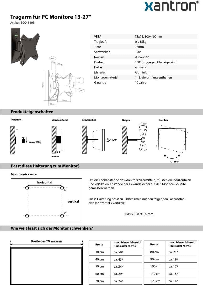 Xantron Wandhalterung für Monitore 13-27" schwenkbar, neigbar, drehbar, ECO-110B