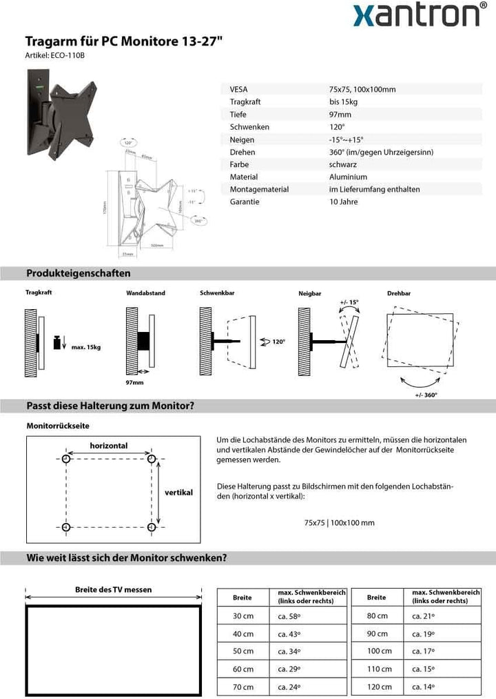 Xantron Wandhalterung für Monitore 13-27" schwenkbar, neigbar, drehbar, ECO-110B