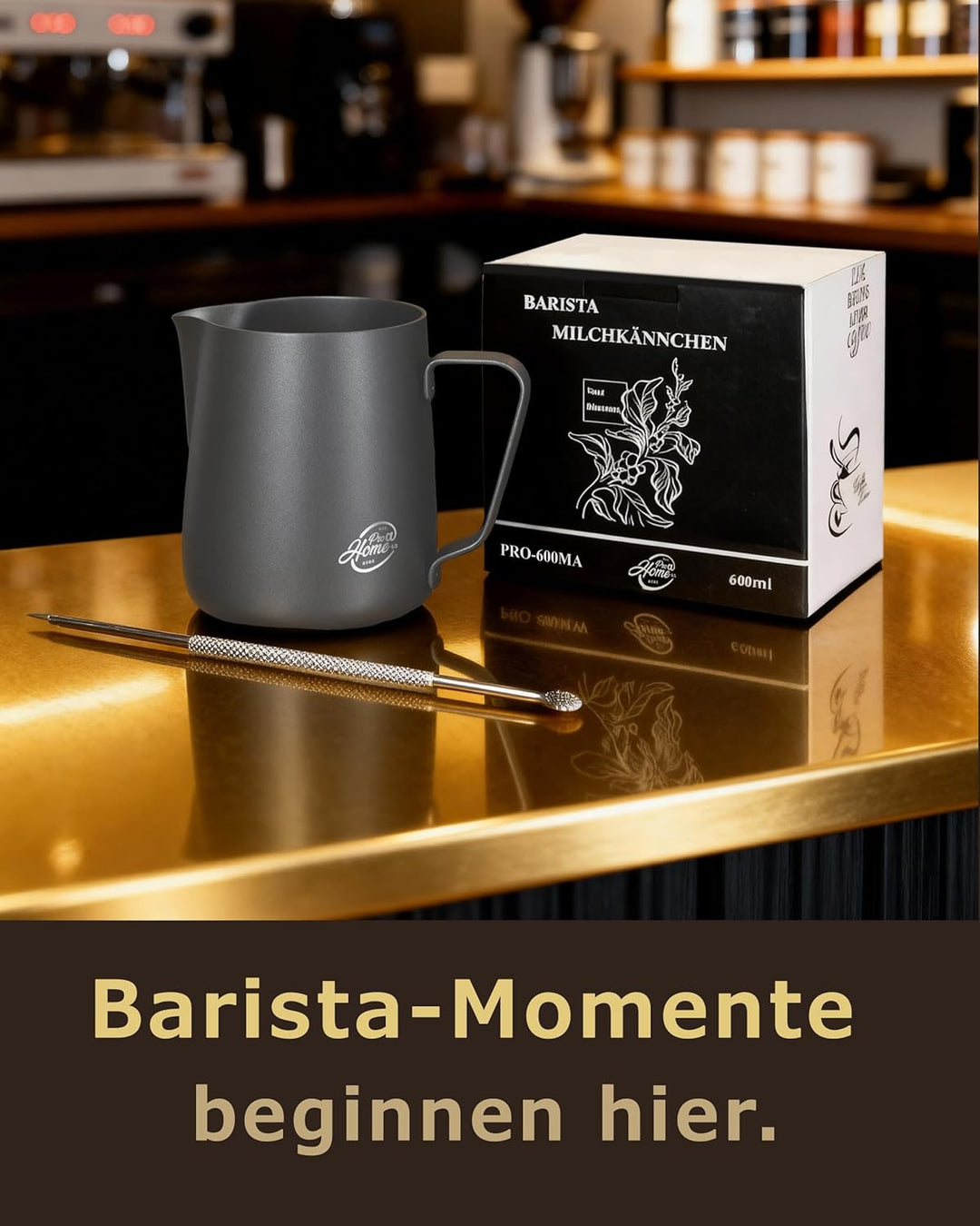 Pro@Home43 Barista Milchkännchen Edelstahl schwarz anthrazit 600ml (auch 350ml) inkl. Latte Art Stif