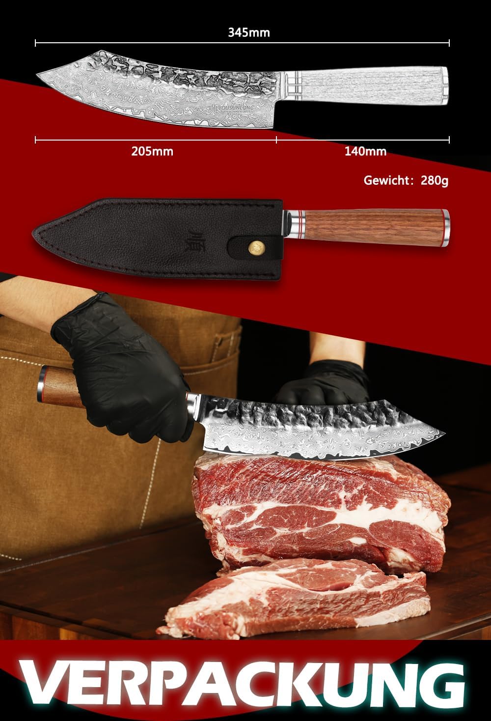 YOUSUNLONG Blockmesser 20,50cm Metzgermesser klein extrem scharfe Klinge I Damast Küchenmesser und P