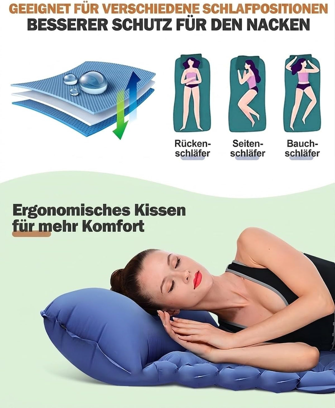 Isomatte Camping, Ultraleicht Camping Luftmatratze mit Fusspumpe & Kissen, Kompakte Wasserdicht Aufb