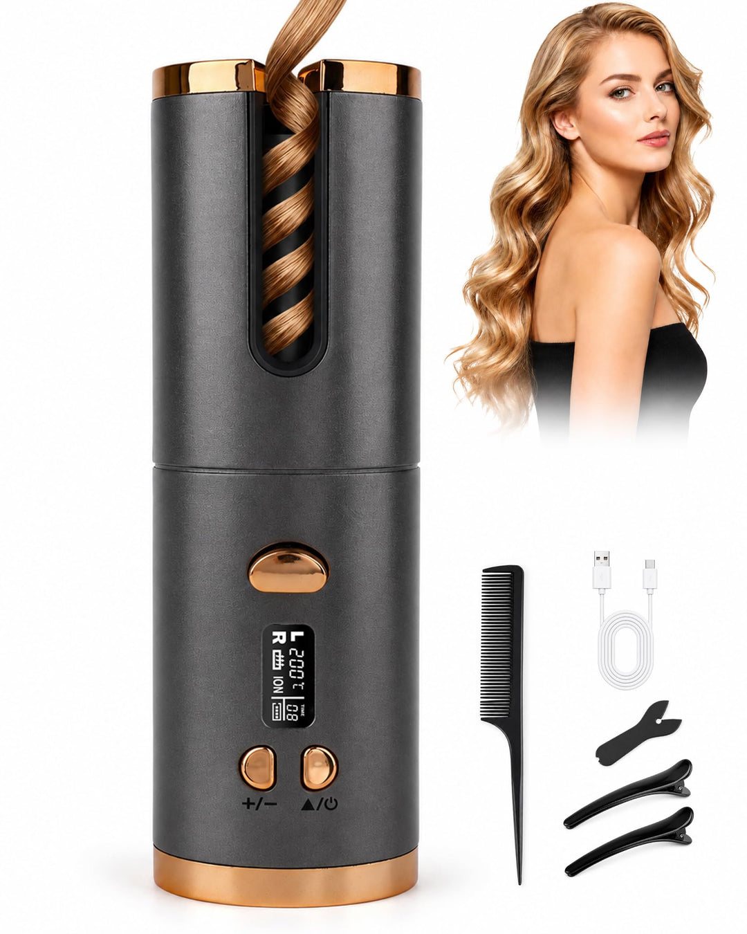 Automatischer Lockenstab Kabellos, Lockenwickler Akku mit Keratin | Welleneisen mit 6 Temperaturen &amp;