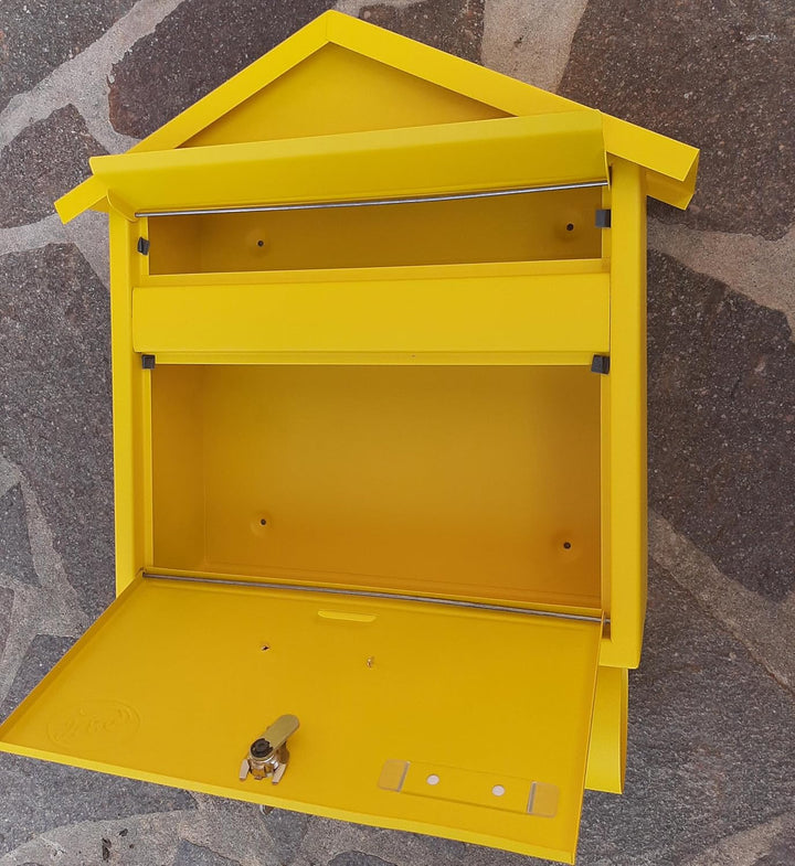 Grosser Briefkasten/Postkasten XXL Gelb Matt mit Zeitungsrolle Zeitungsfach Spitzdach Zeitungsrohr B