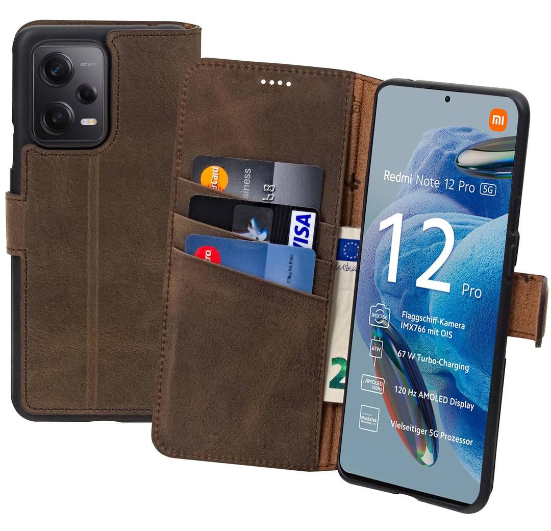 Suncase Book-Style Hülle kompatibel mit Xiaomi Redmi Note 12 Pro 5G Leder Tasche (Slim-Fit) Lederhül