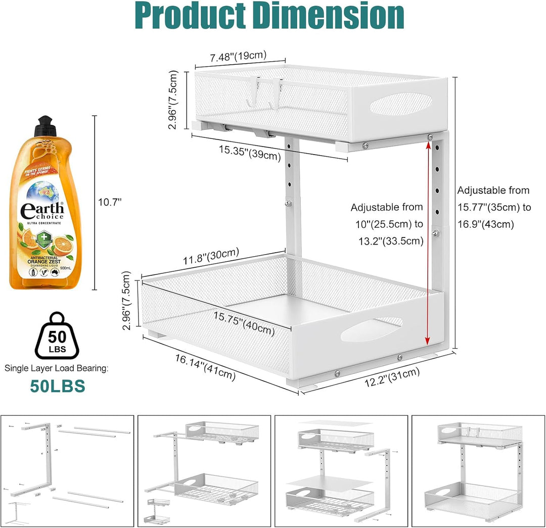 Housolution Unter Waschbecken Spüle Organizer Unterschrank Regal, Weiss | Robustes Metall, Höhenvers