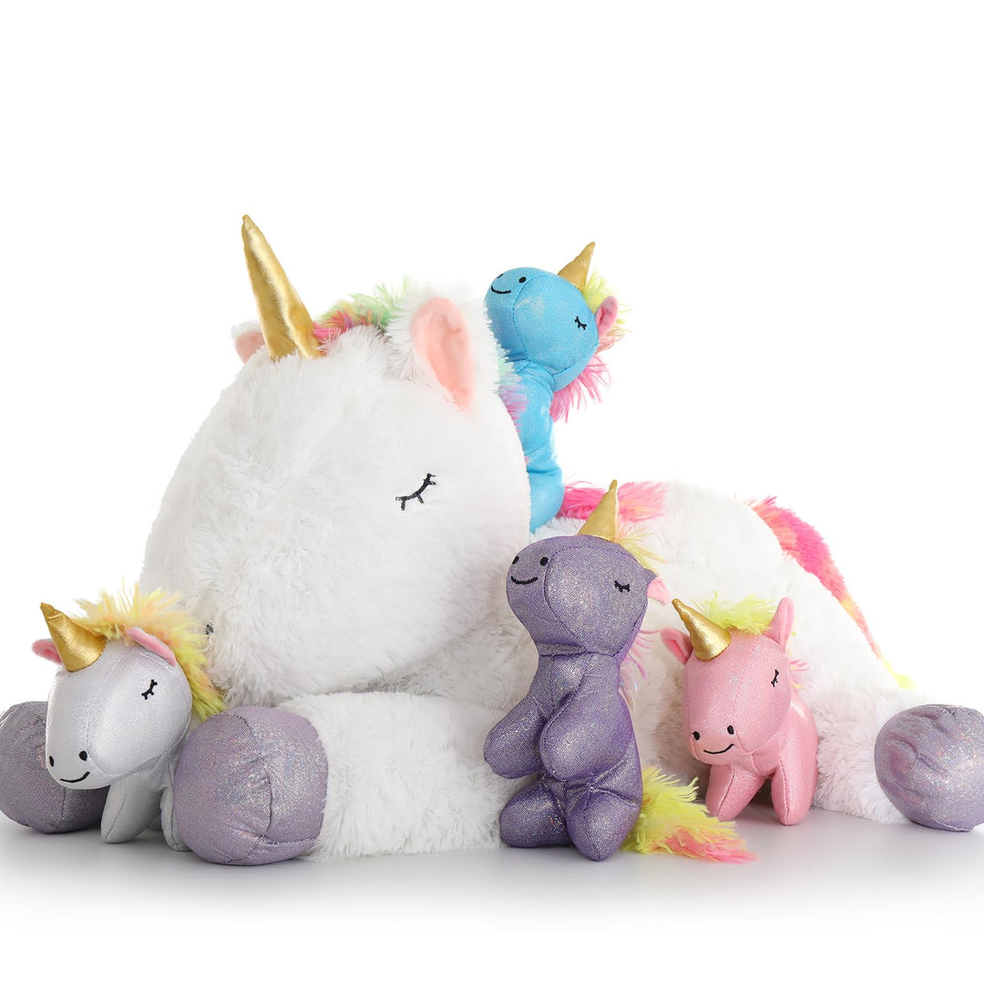 MorisMos Einhorn Kuscheltier XXL mit 4 Babys im Bauch, gross Einhorn Plüschtier Stofftier, riesen gr