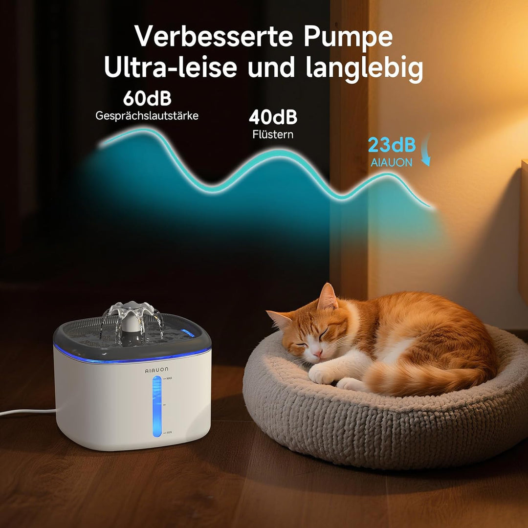 Trinkbrunnen für Katze, 2,5L Katzenbrunnen Leise mit 2 Ersatzfiltern und LED-Wasserstandsfenster für
