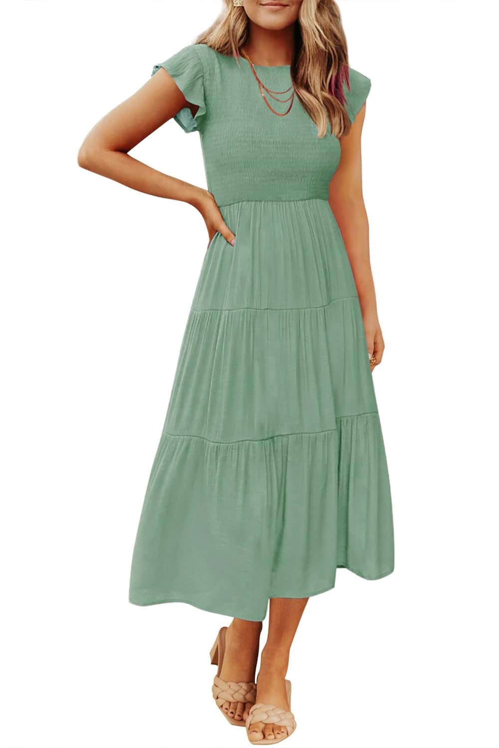 Damen Sommerkleid A Linie Kleider Kurzarm Kleid Midi Freizeitkleid S Hellgrün, S Hellgrün