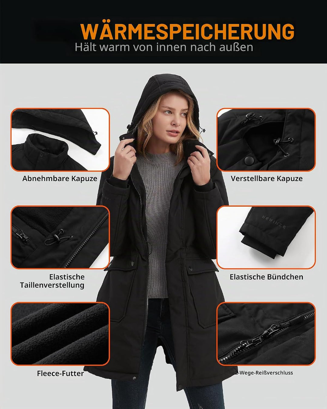 HEWINZE Beheizter Puffermantel mit Kapuze für Damen – Elektrische Dual-Control-Heizjacke mit 7,4-V-A