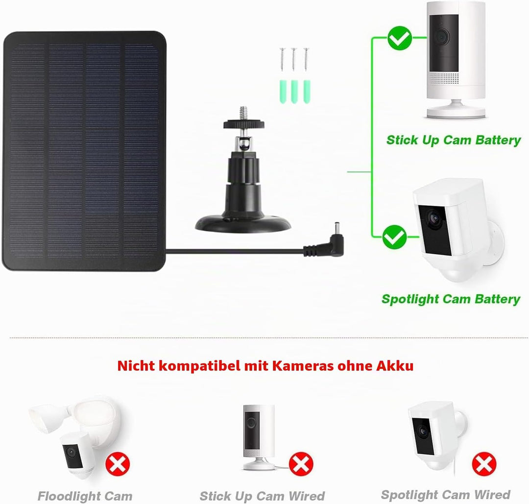Solarpanel-Ladegerät für Ring Spotlight Cam und Ring Stick Up Cam, IP65 Wasserdichtes Solarpanel mit