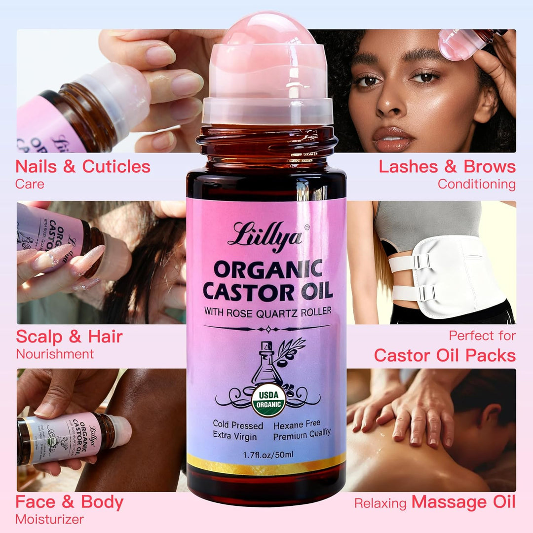 rizinusöl kaltgepresst bio Roll On mit Rosenquarz – Castor Oil Organic 100% Rein, Hexanfrei, Natürli