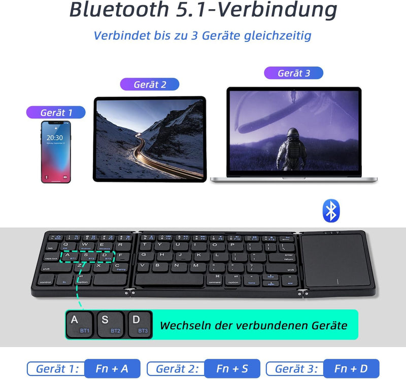 Mcbazel Faltbare kabellose Tastatur mit Touchpad für Tablet/Handy/PC, tragbare Tastatur, kabellos, w