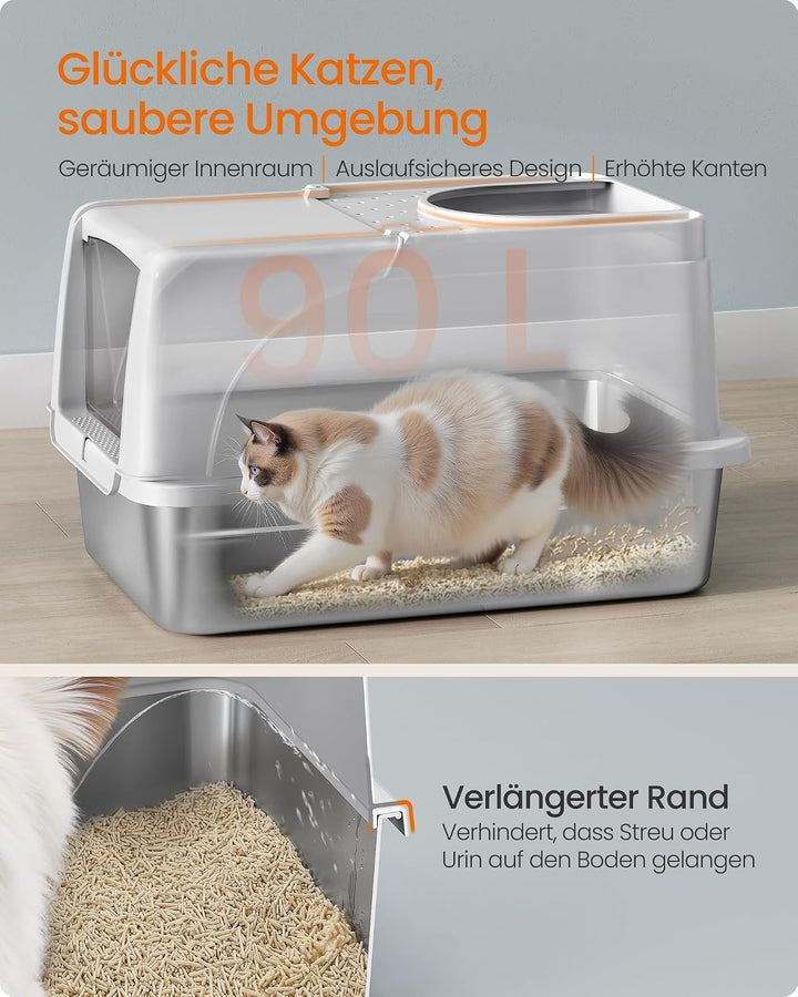 Feandrea Katzenklo Edelstahl, XL, Katzentoilette mit Deckel, mit Schaufel, Bürste und 2 Eingängen, f