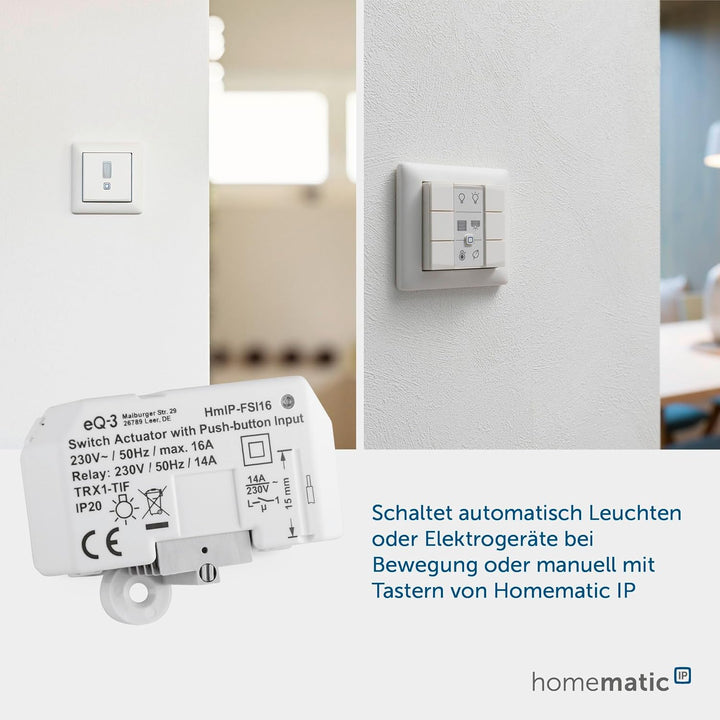 Homematic IP Smart Home Schaltaktor mit Tastereingang (16 A) – Unterputz, steuert Geräte und Leuchte