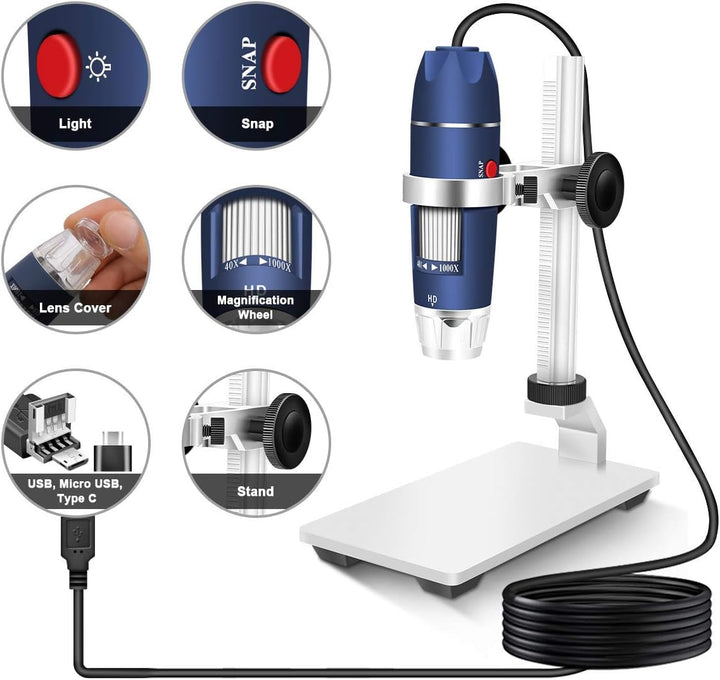 Jiusion HD 2MP USB Digitalmikroskop 40-1000X Tragbare Vergrösserungs-Endoskopkamera mit 8 LEDs Stabi