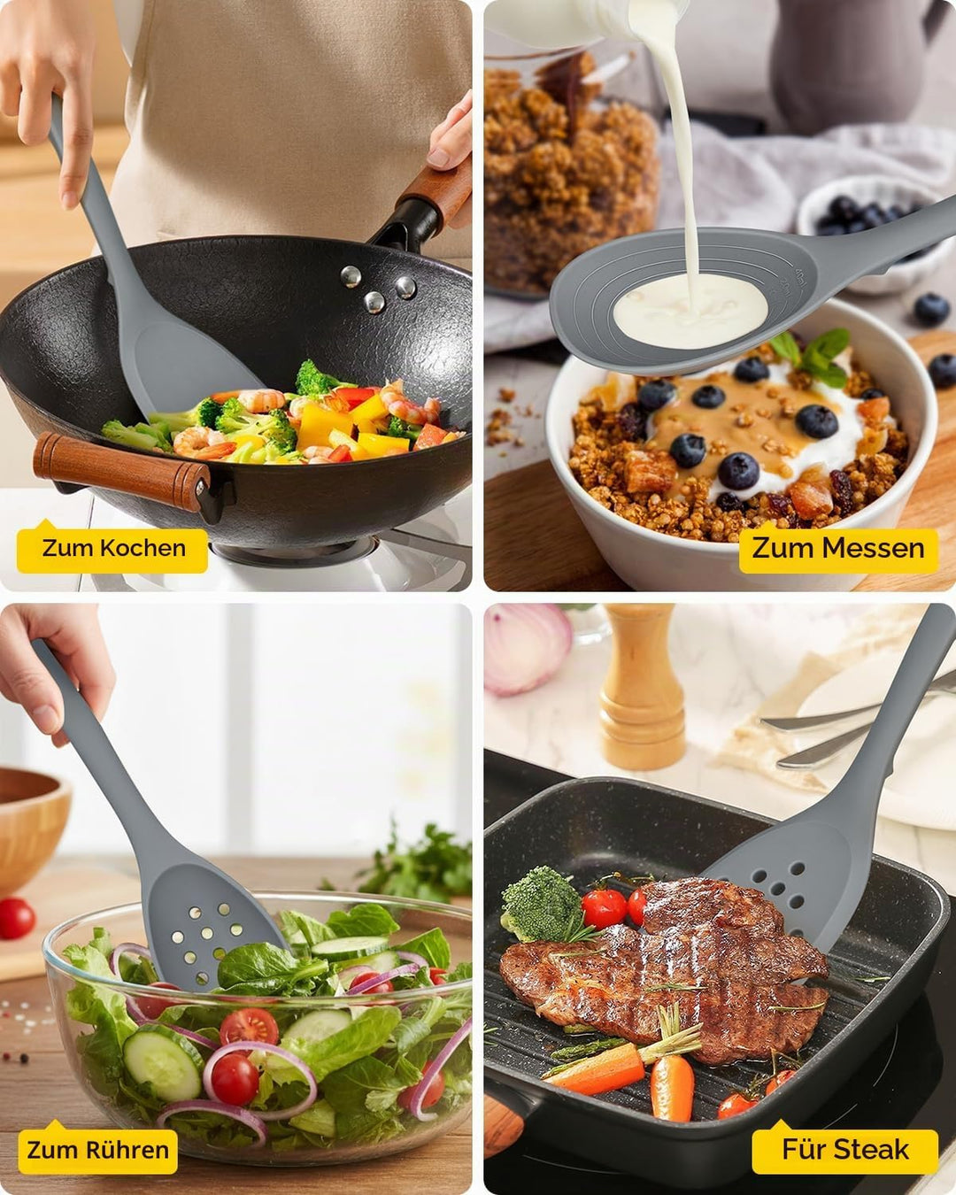 Packung von 4 Silikon Kochgeräte Set, Non-Stick-Festspalten und hitzebeständige Schlitzlöffel mit Rü