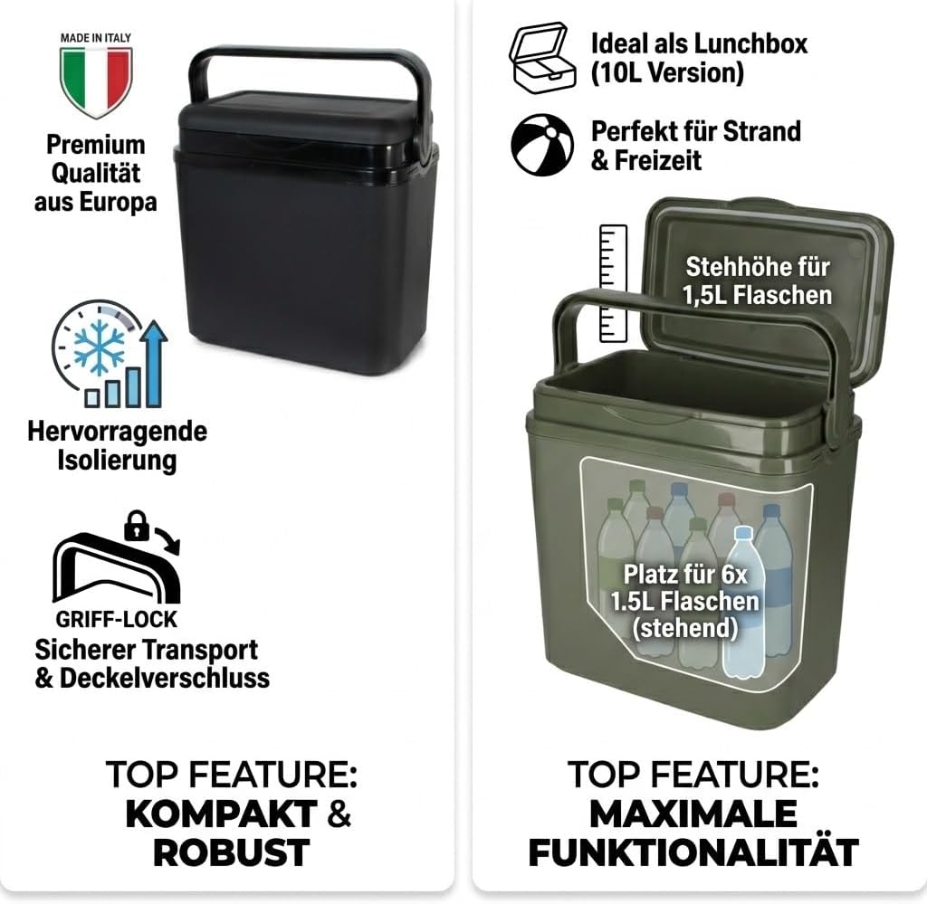 Hochwertige Isolier-Kühlbox – Made in Italy – Robuste Passiv-Kühlbox für Freizeit, Strand & Camping