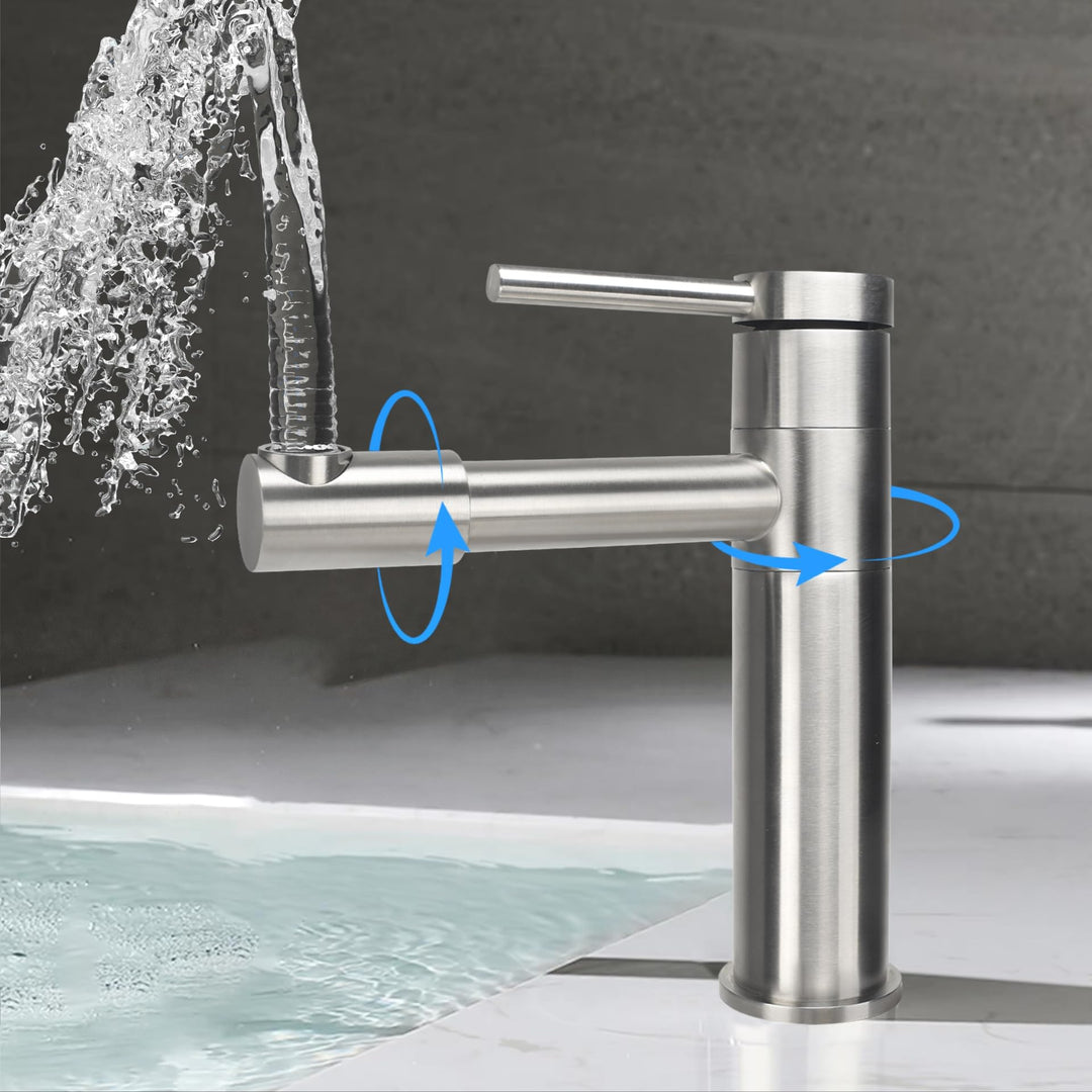 Wasserhahn Bad 360° Drehbar Waschtischarmatur Edelstahl Silber | Armatur Badezimmer mit Keramikkartu