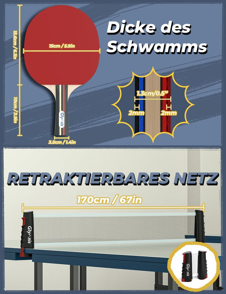 Glymnis Tischtennis-Set Tragbares Ping Pong Bälle Set für Indoor Outdoor Spiel Tischtennis-Training
