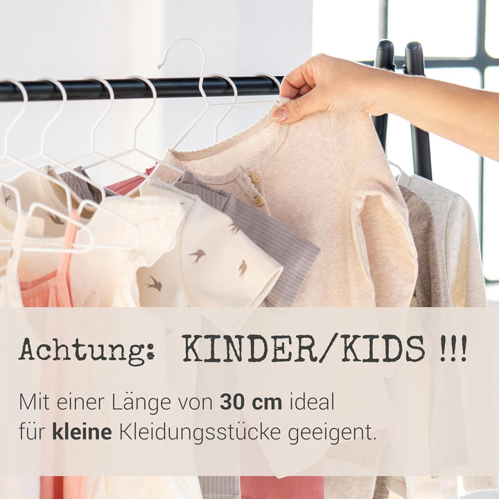 ROW&LINE® – Kinder Bügel (30 cm) – 20 Stück (weiss matt) – platzsparende Kinderkleiderbügel für Kind