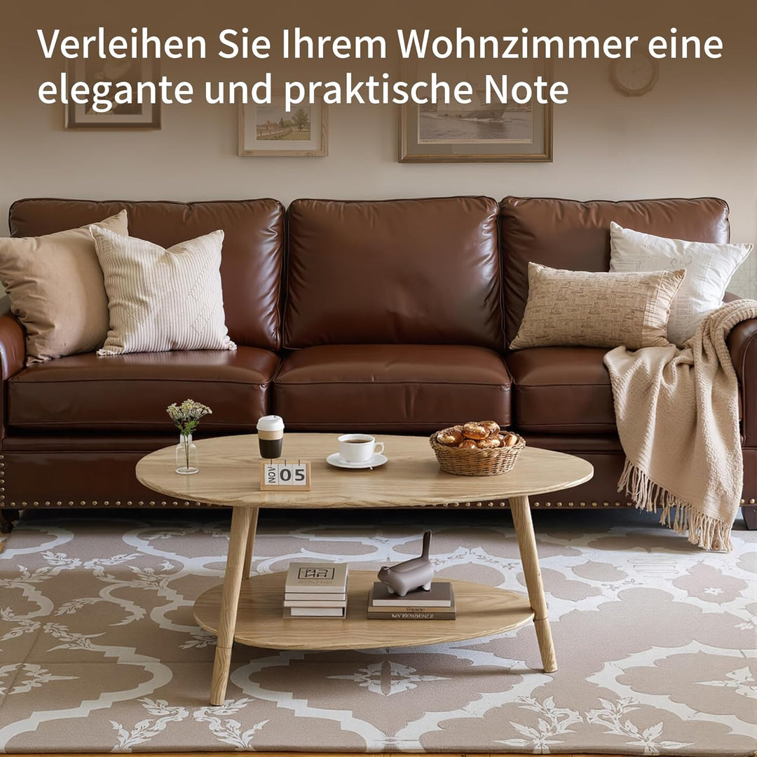 Table Basse, Massivholz Teetisch, Oval Doppelschicht Couchtisch, Runder Tisch für das Wohnzimmer, Co