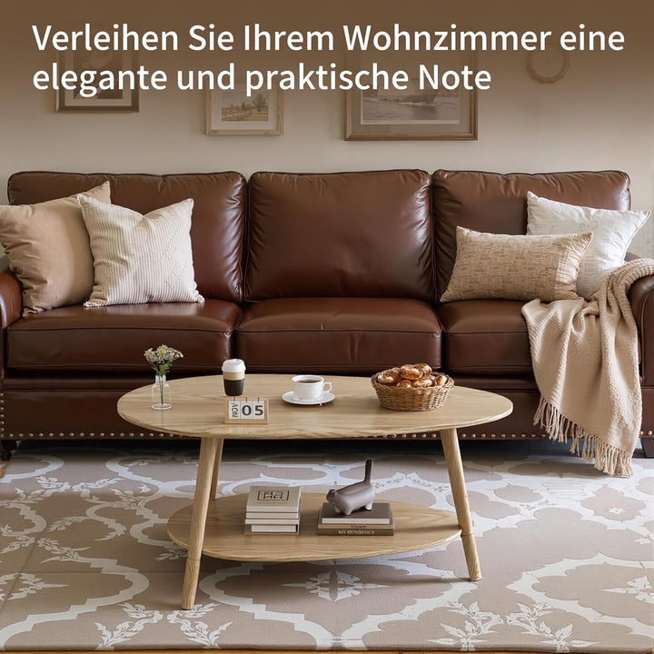 Table Basse, Massivholz Teetisch, Oval Doppelschicht Couchtisch, Runder Tisch für das Wohnzimmer, Co