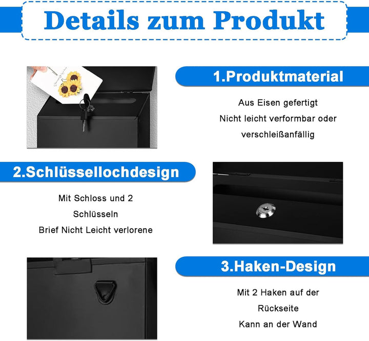 Briefkasten, 29 x 22 x 6,5 cm Abschliessbarer Briefkasten zur Wandmontage, Rustikaler Postfach aus E