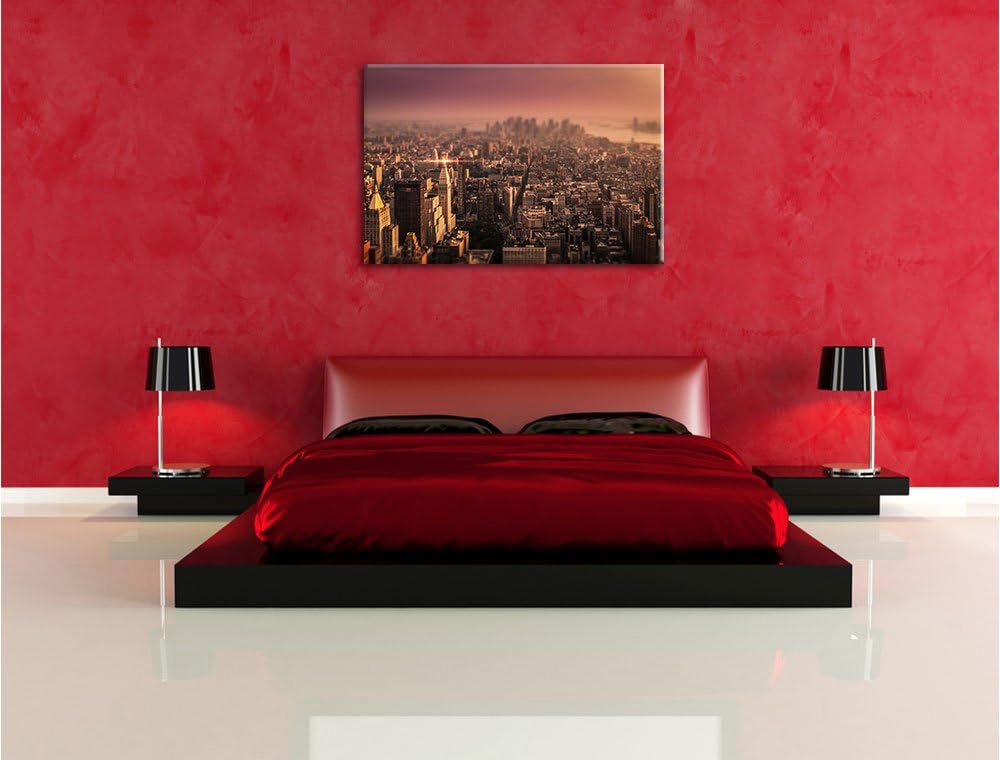 Pixxprint New York City bei Sonnenuntergang / 100x70cm Leinwandbild bespannt auf Holzrahmen/Wandbild