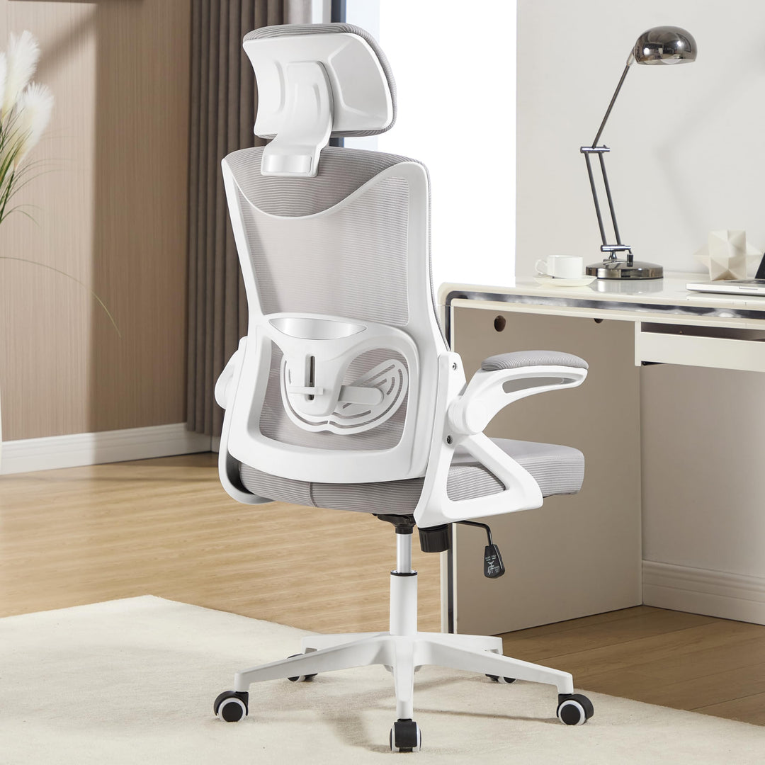 Fizzin Ergonomischer Bürostuhl Grau Schreibtischstuhl mit Verstellbarer Lendenstütze und Kopfstütze
