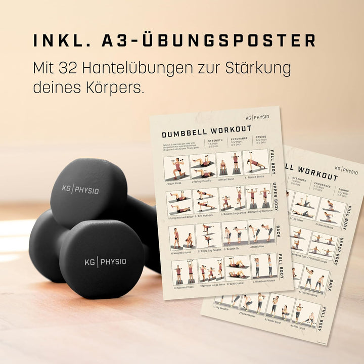 KG Physio Hantelset mit A3-Übungsposter - Neopren Kurzhanteln 2er Set - Fitness Gewichte aus Gusseis