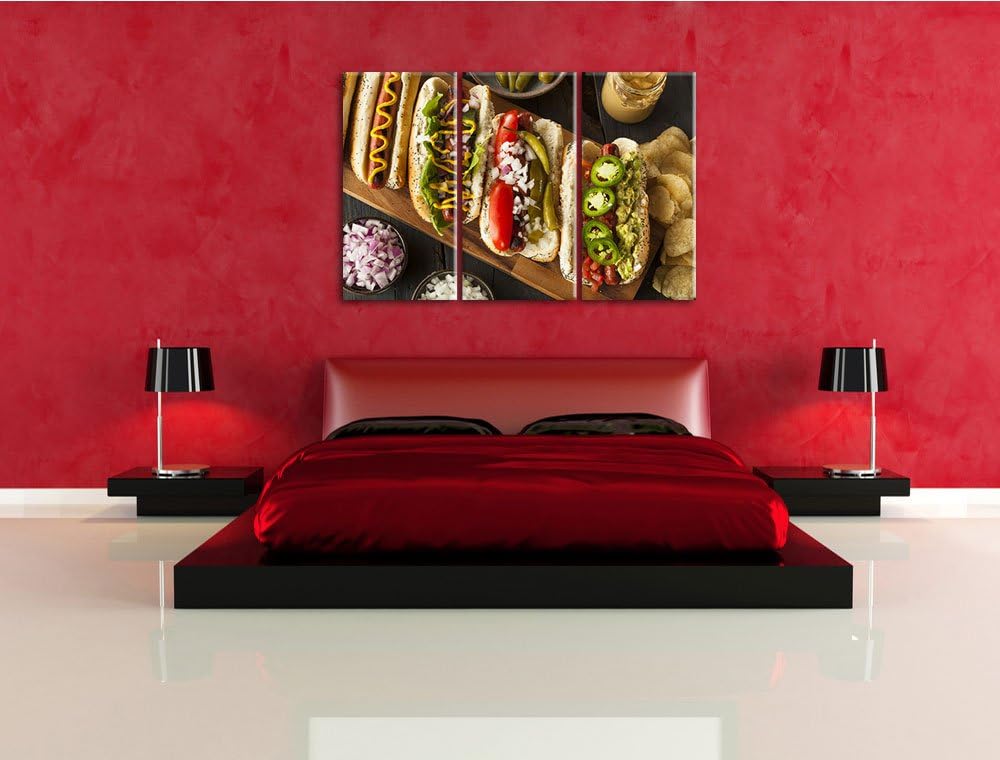 Amerikanische Hotdogs als 3-Teiler Leinwandbild 120x80 Bild auf Leinwand, XXL riesige Bilder fertig