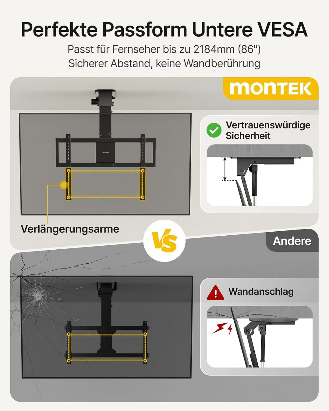 monTEK Motorisierte TV Deckenhalterung von 43-86 Zoll, hochbelastbar bis 55 kg, kompatibel mit Off-C