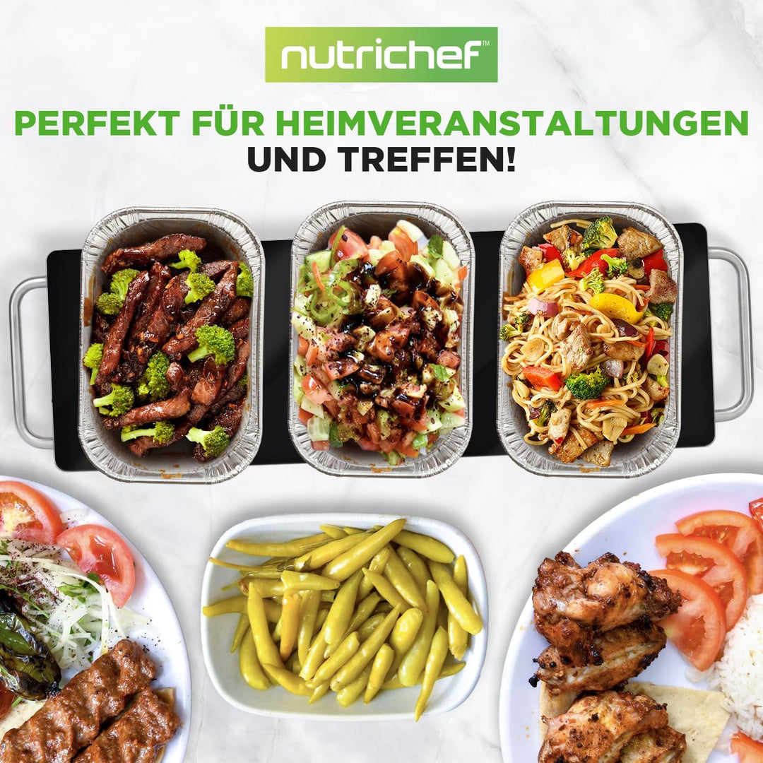 NutriChef Warmhalteplatte Elektrisch – 56,9 × 17 cm Glas-Kochplatte mit Griffen für Speisen, Für Buf