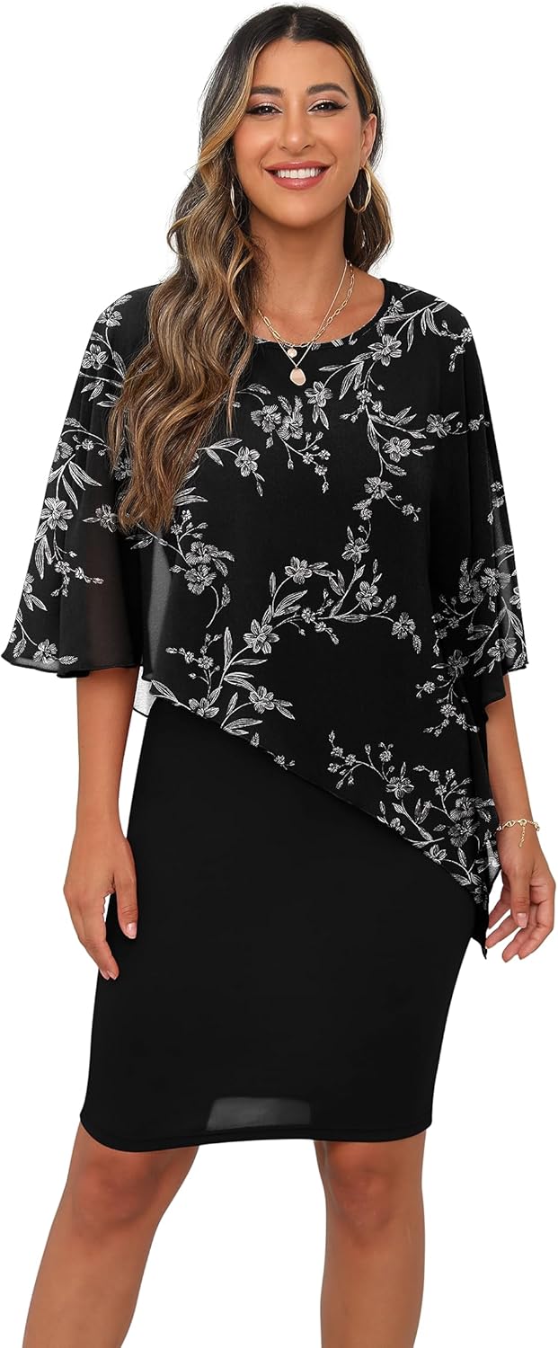 QIXING Damen Chiffon Cape Cocktialkleid Rundhals Ausschnitt Bleistiftkleid Sommerkleid Damen Knielan