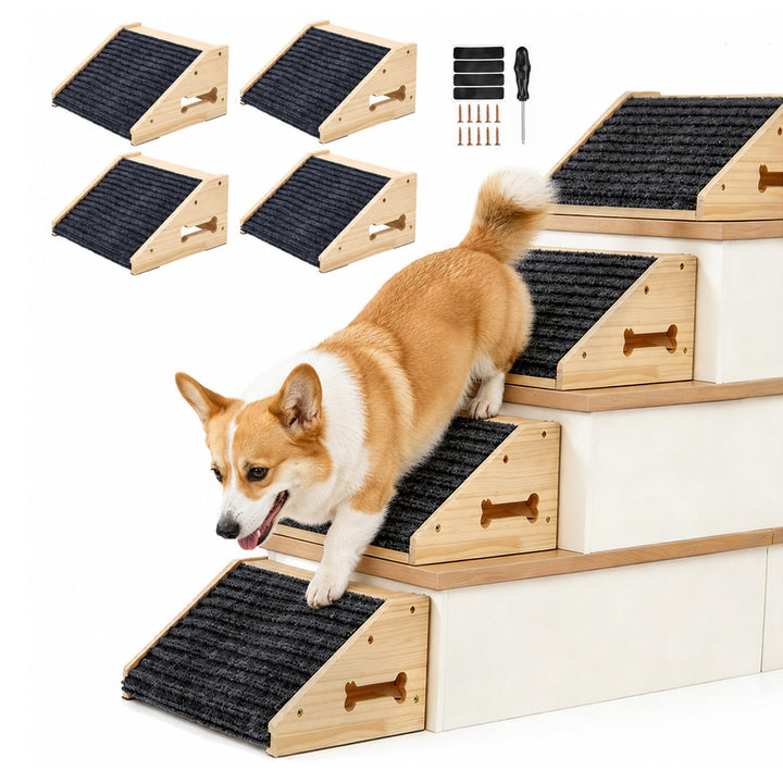 4 Stück Hundetreppe für Kleine Hunde Hunderampe für Treppen aus Holz | Rutschfeste Hunde Treppe mit