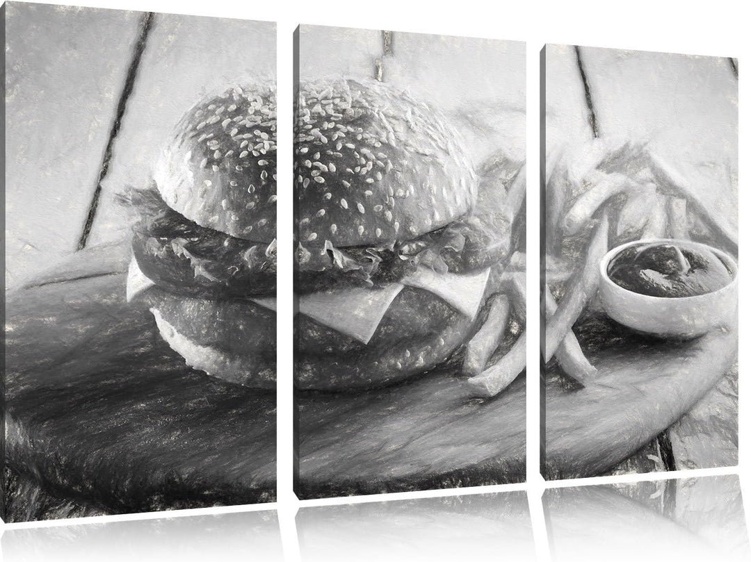 Pixxprint Chickenburger Pommes als Leinwandbild/Grösse: 3 Teilig (120x80 cm) cm/Wandbild/Kunstdruck/