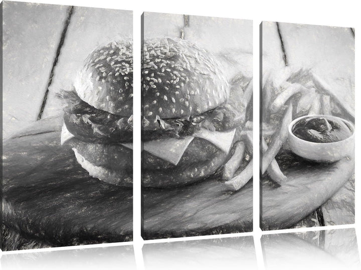 Pixxprint Chickenburger Pommes als Leinwandbild/Grösse: 3 Teilig (120x80 cm) cm/Wandbild/Kunstdruck/