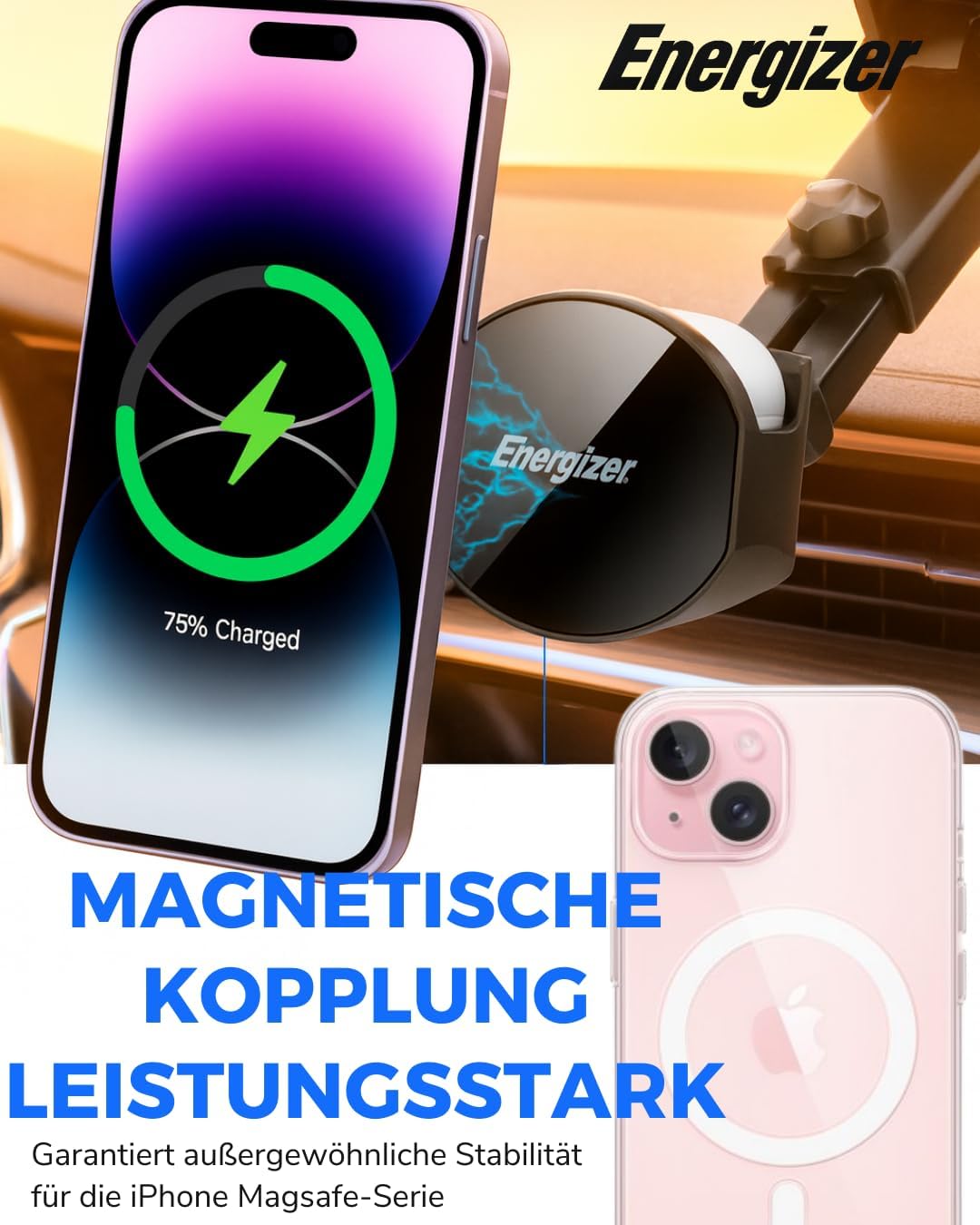 Energizer Magnetisches kabelloses Autoladegerät 15 W schnell | MagSafe Halterung für iPhone und Andr