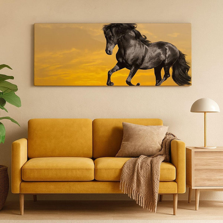 Wandbilder Dekoration Wohnzimmer Tiere Pferd Laufen Wiese Panorama Bilder auf Leinwand 120x50cm Lein