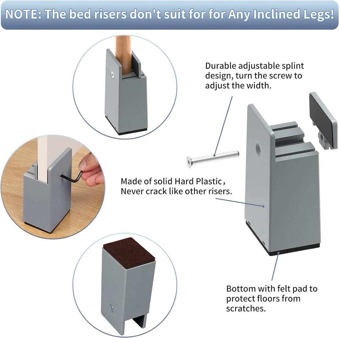 RCHYFEED Verstellbare Betterhöhung Möbelerhöhung 10cm mit Schraubklemme, Gray Betterhöher 4 Zoll Sch