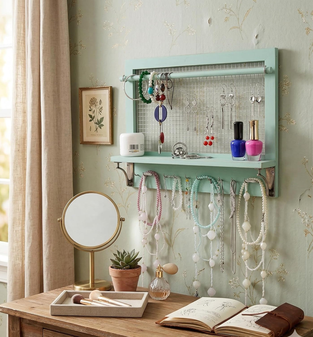 Spiretro Wandhalterung Schmuckaufbewahrung, Holz Schmuck Organizer Halter mit Haken Regal Stange Hän