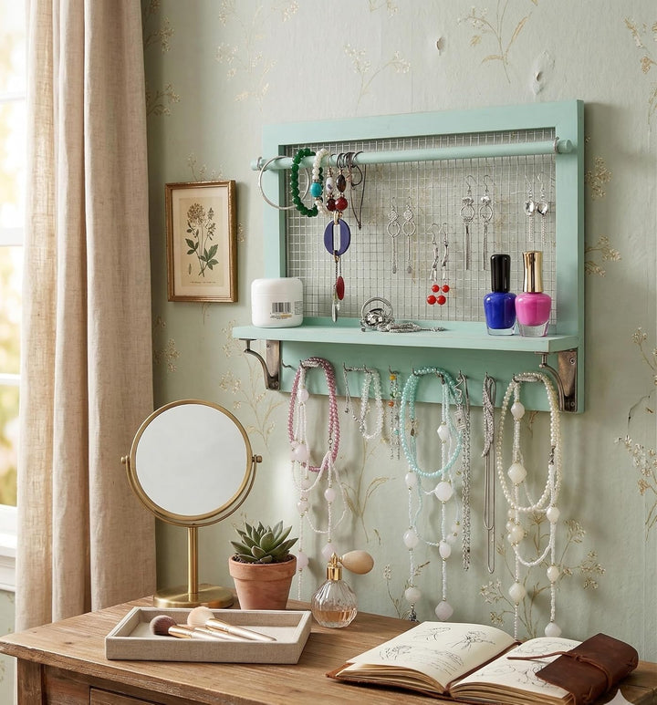 Spiretro Wandhalterung Schmuckaufbewahrung, Holz Schmuck Organizer Halter mit Haken Regal Stange Hän