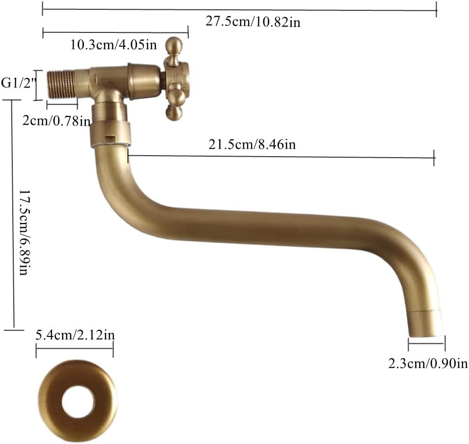 NIUKOMY Vintage Wasserhahn Messing Antike, Garten Kaltwasserhahn Wandmontage Lang, 360° Drehbar Einh