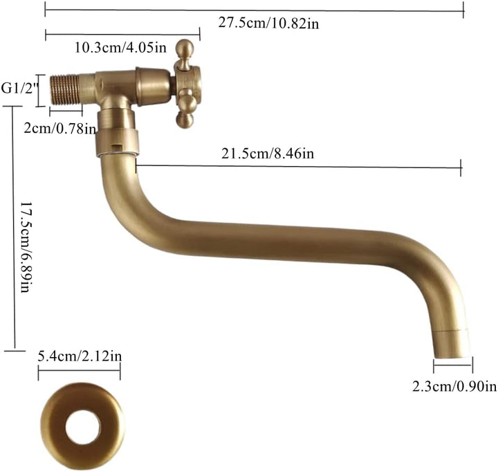 NIUKOMY Vintage Wasserhahn Messing Antike, Garten Kaltwasserhahn Wandmontage Lang, 360° Drehbar Einh