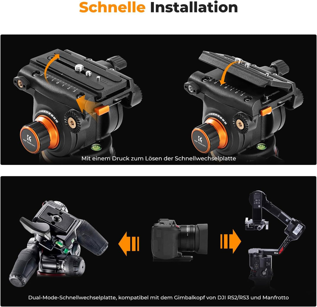 Video stativ, K&F Concept VA3+BV20 Kamera Stativ,Videostativ mit 360°Fluidkopf,191cm Video Tripod, K
