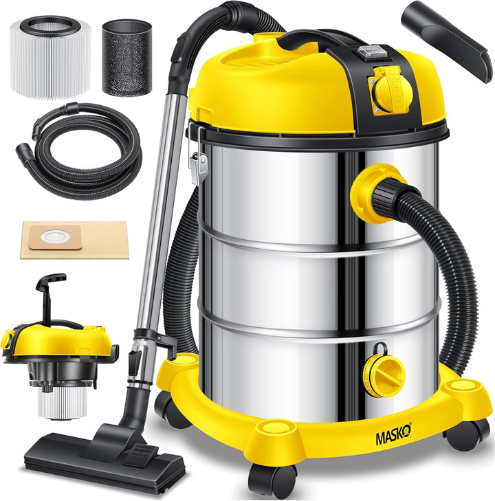 MASKO® Industriestaubsauger Staubsauger Nass Trocken Sauger Edelstahl 2300W + Steckdose | Blasfunkti