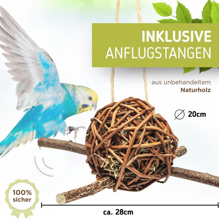 Vogelgaleria® Weidenkugel 20cm gefüllt mit Heu | zum knabbern und Klettern | Natürliches Wellensitti